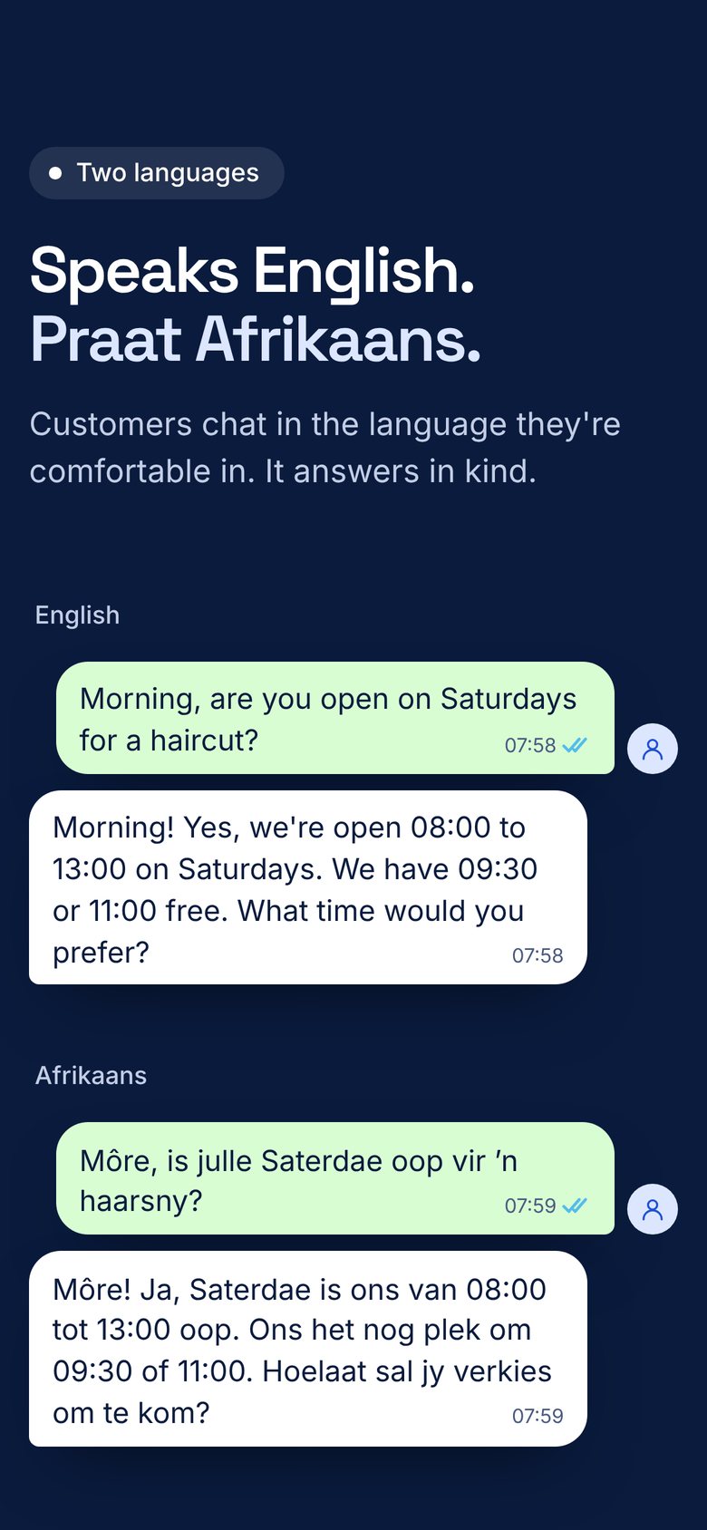 Language band on a phone: English and Afrikaans chats.